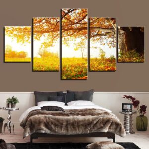 Autumn Yellow Trees And Flowers - Nature 5 Panel Canvas Art Wall Decor