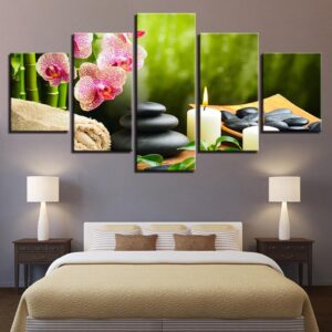 Bamboo Orchid Flower Stones Candle - Nature 5 Panel Canvas Art Wall Decor