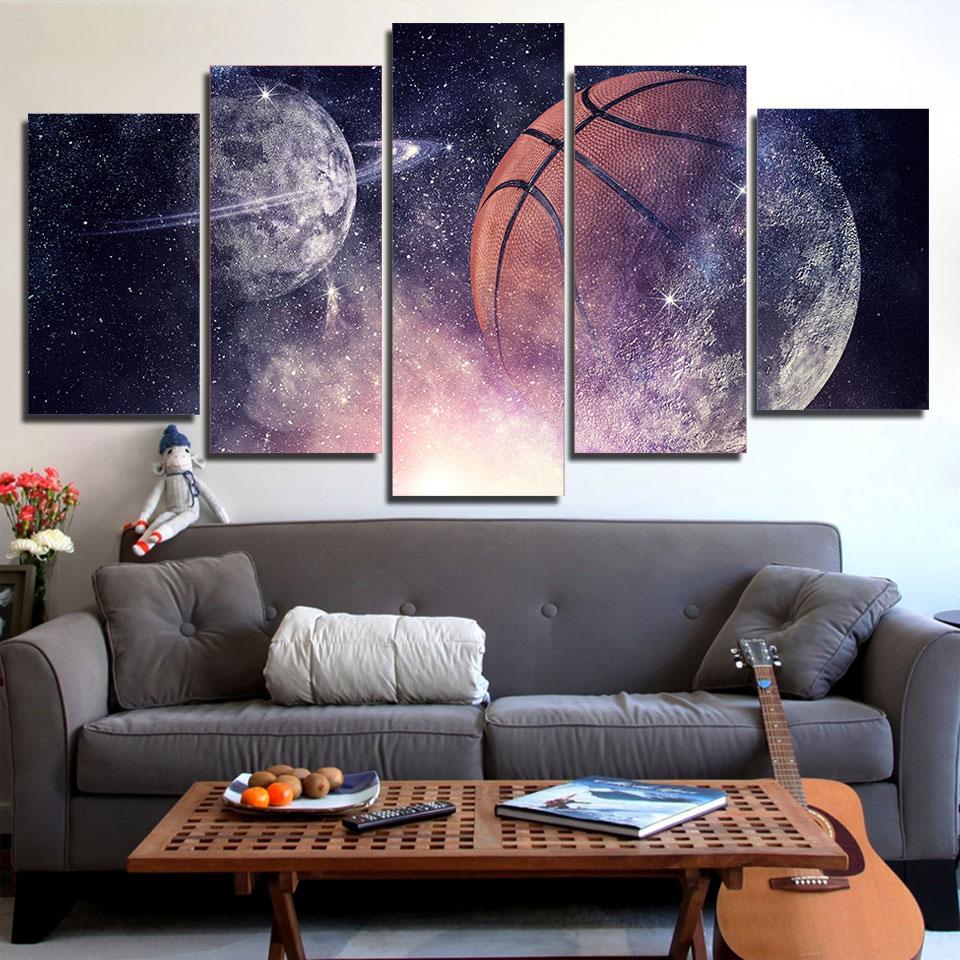 Basketball And Planets Starry Sky Night - Abstract 5 Panel Canvas Art Wall Decor Basketball And Planets Starry Sky Night - Abstract 5 Panel Canvas Art Wall Decor
