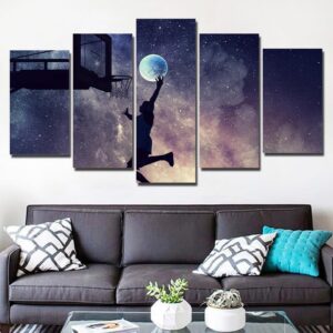 Basketball Net Player Starry Sky Night - Sport 5 Panel Canvas Art Wall Decor
