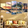 Bass Jumping At Sunrise - Fishing 5 Panel Canvas Art Wall Decor