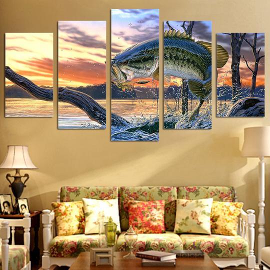 Bass Jumping At Sunrise - Fishing 5 Panel Canvas Art Wall Decor Bass Jumping At Sunrise - Fishing 5 Panel Canvas Art Wall Decor