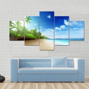 Beach In Sunset Time On Mahe Island - Nature 5 Panel Canvas Art Wall Decor