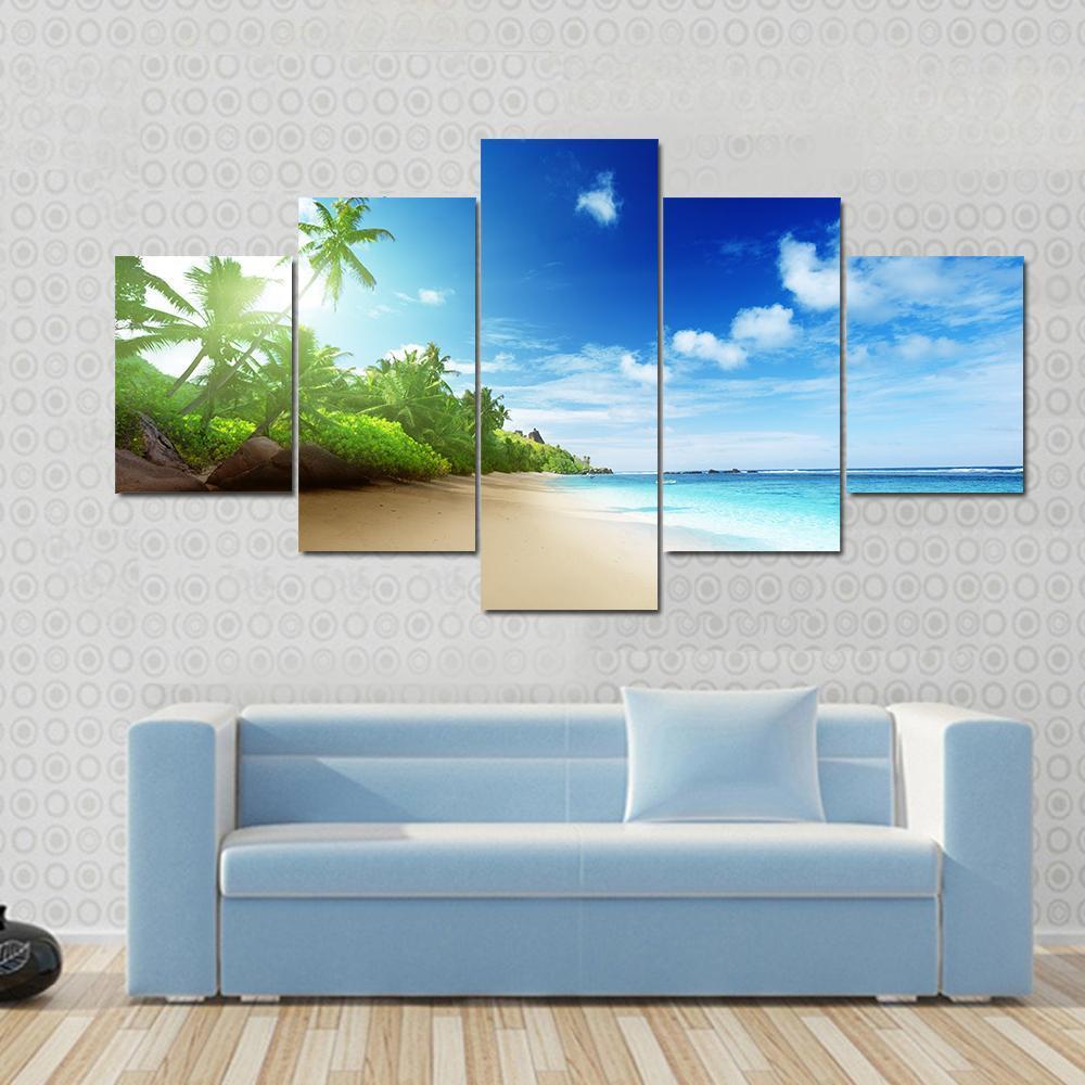 Beach In Sunset Time On Mahe Island - Nature 5 Panel Canvas Art Wall Decor Beach In Sunset Time On Mahe Island - Nature 5 Panel Canvas Art Wall Decor