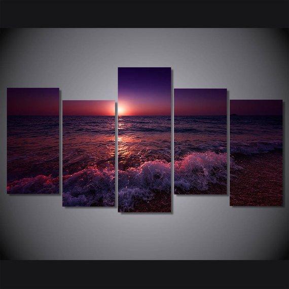 Beach Ocean Sea Sunset - Nature 5 Panel Canvas Art Wall Decor Beach Ocean Sea Sunset - Nature 5 Panel Canvas Art Wall Decor