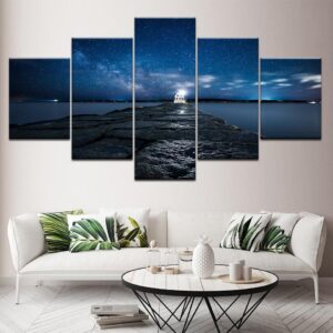 Beach Pier Bridge Starry Sky - Nature 5 Panel Canvas Art Wall Decor