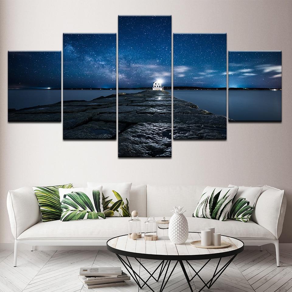 Beach Pier Bridge Starry Sky - Nature 5 Panel Canvas Art Wall Decor Beach Pier Bridge Starry Sky - Nature 5 Panel Canvas Art Wall Decor
