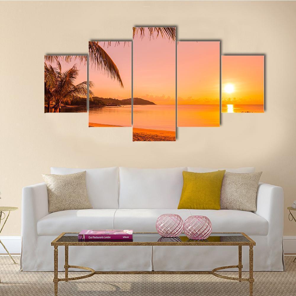 Beach Sea And Ocean At Sunrise Time - Nature 5 Panel Canvas Art Wall Decor Beach Sea And Ocean At Sunrise Time - Nature 5 Panel Canvas Art Wall Decor