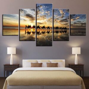 Beach Sunset Seaside Camels Team - Nature 5 Panel Canvas Art Wall Decor