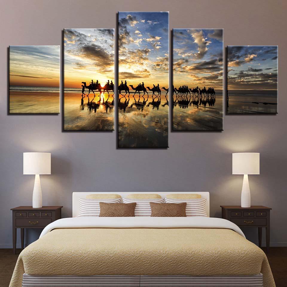 Beach Sunset Seaside Camels Team - Nature 5 Panel Canvas Art Wall Decor Beach Sunset Seaside Camels Team - Nature 5 Panel Canvas Art Wall Decor