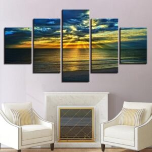 Beach Sunset Through The Clouds - Space 5 Panel Canvas Art Wall Decor