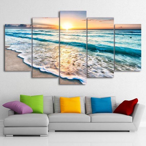 Beach Water And Sunset 2 - Nature 5 Panel Canvas Art Wall Decor Beach Water And Sunset 2 - Nature 5 Panel Canvas Art Wall Decor