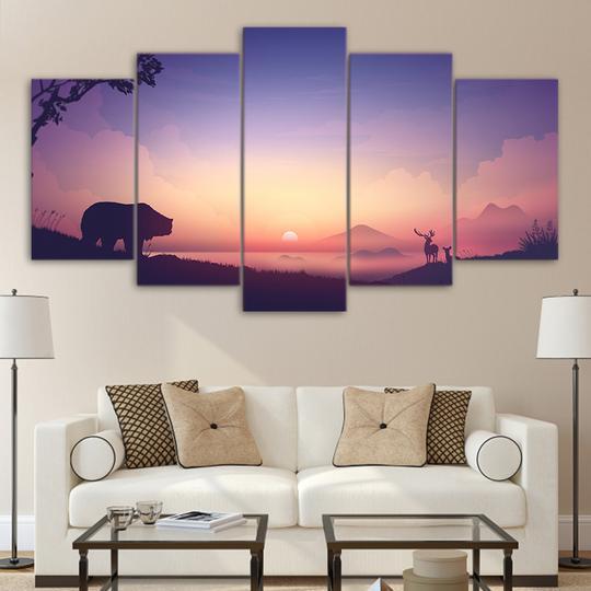 Bear And Deer Watch The Sunrise - Nature 5 Panel Canvas Art Wall Decor Bear And Deer Watch The Sunrise - Nature 5 Panel Canvas Art Wall Decor