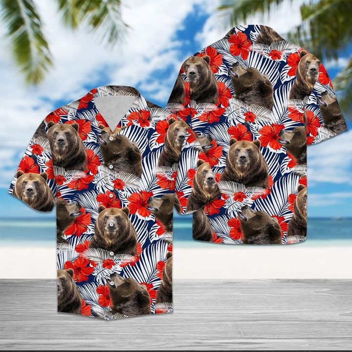 Bear Hibiscus Flower Hawaiian Shirt Summer Button Up Bear Hibiscus Flower Hawaiian Shirt Summer Button Up