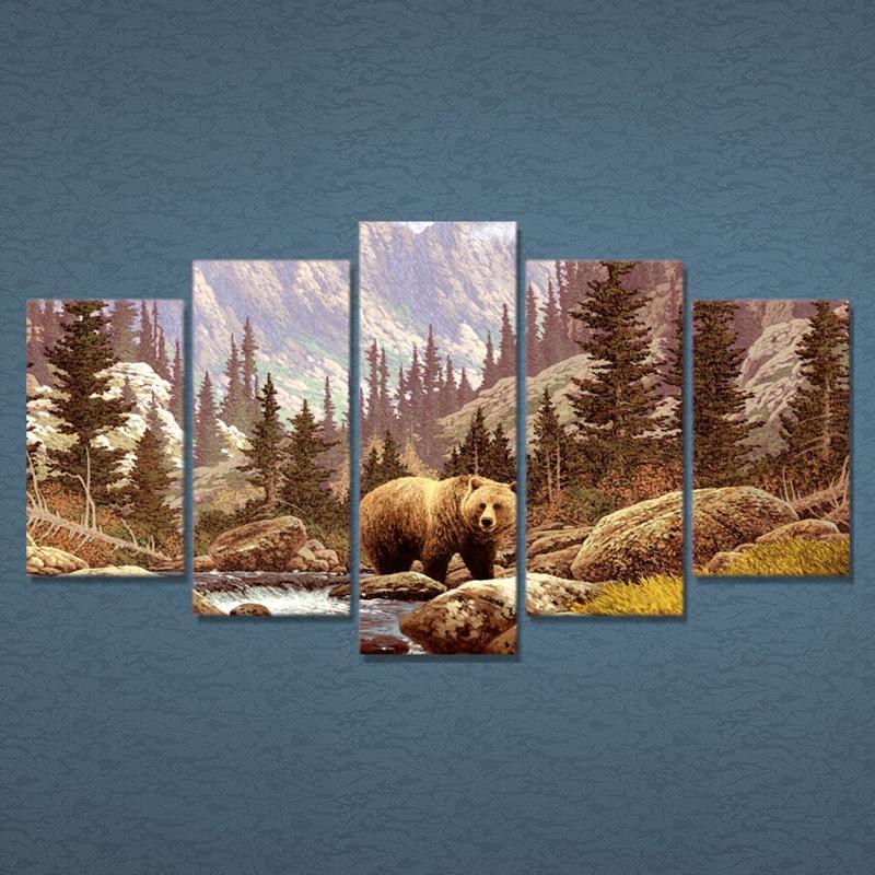 Bear In Wild Forest - Animal 5 Panel Canvas Art Wall Decor Bear In Wild Forest - Animal 5 Panel Canvas Art Wall Decor