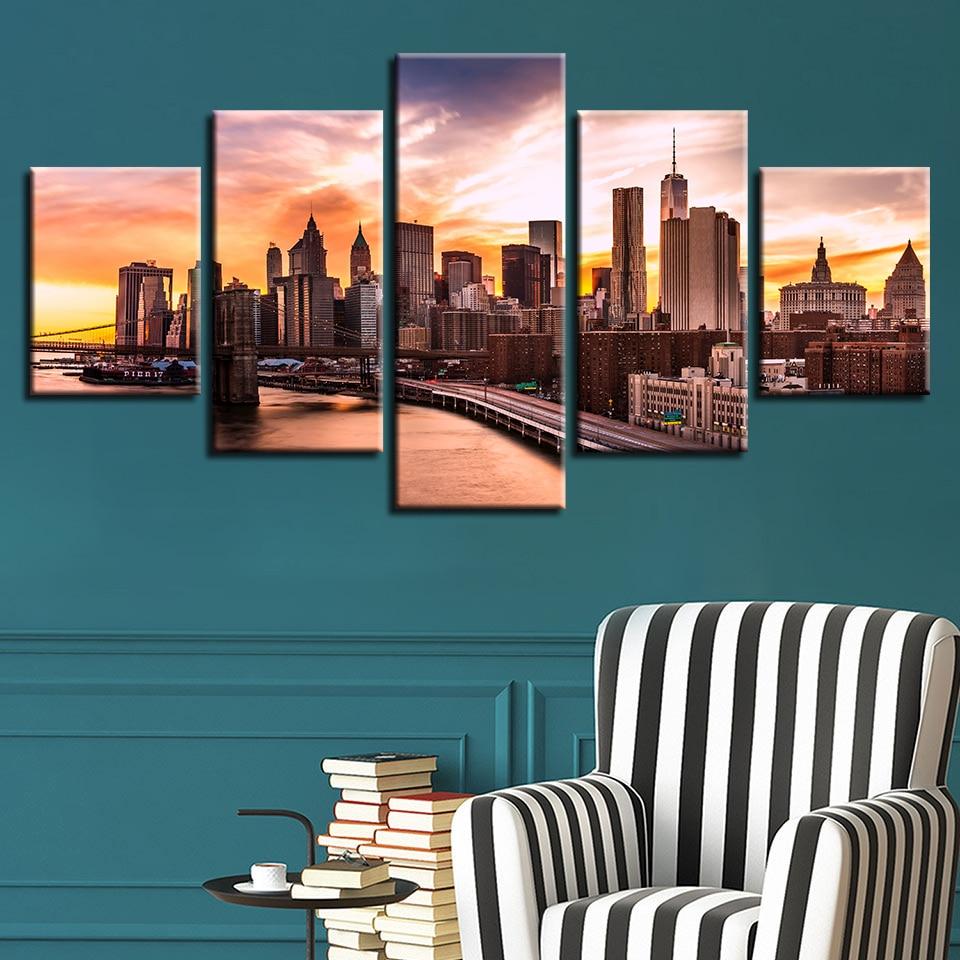 Beautiful Brooklyn Bridge City Sunset - Nature 5 Panel Canvas Art Wall Decor Beautiful Brooklyn Bridge City Sunset - Nature 5 Panel Canvas Art Wall Decor