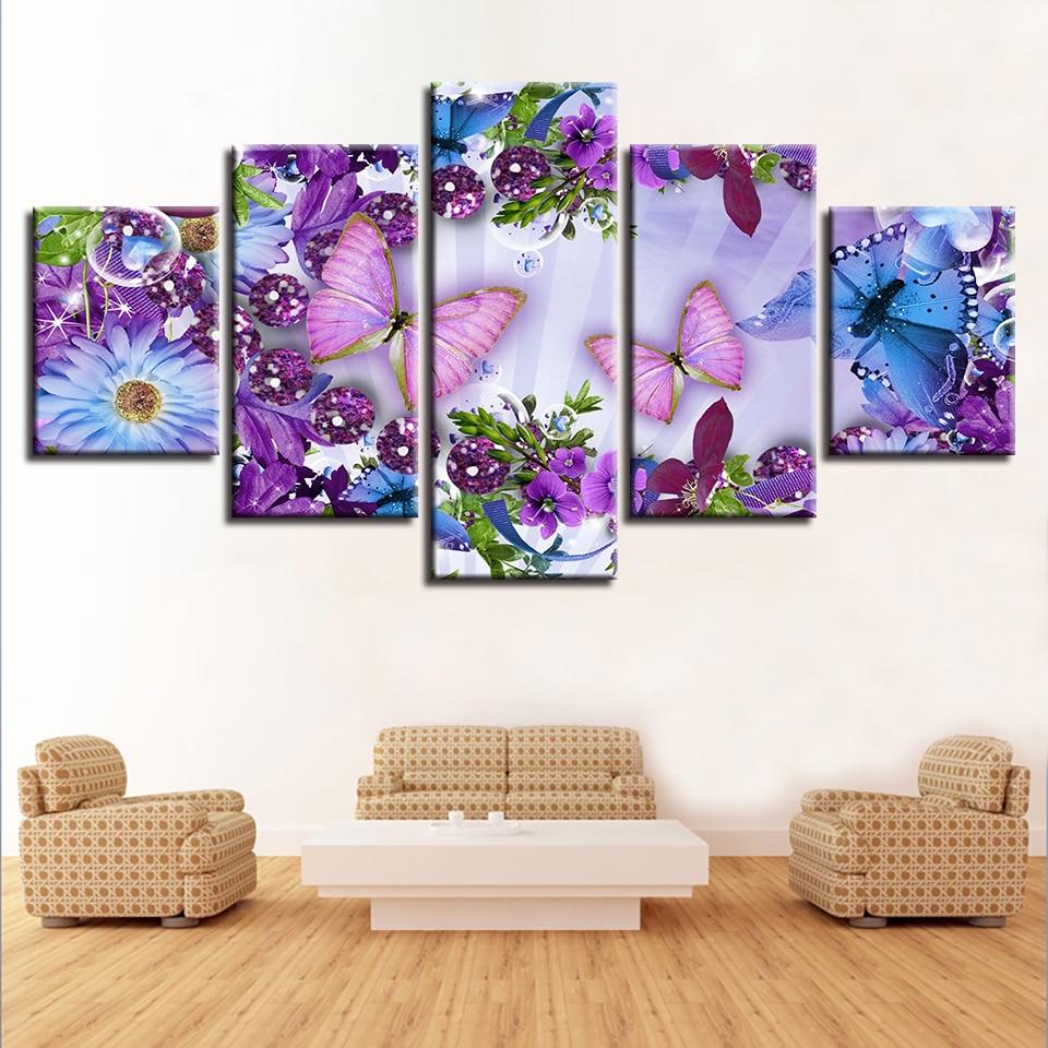Beautiful Butterfly And Colorful Flowers - Nature 5 Panel Canvas Art Wall Decor Beautiful Butterfly And Colorful Flowers - Nature 5 Panel Canvas Art Wall Decor
