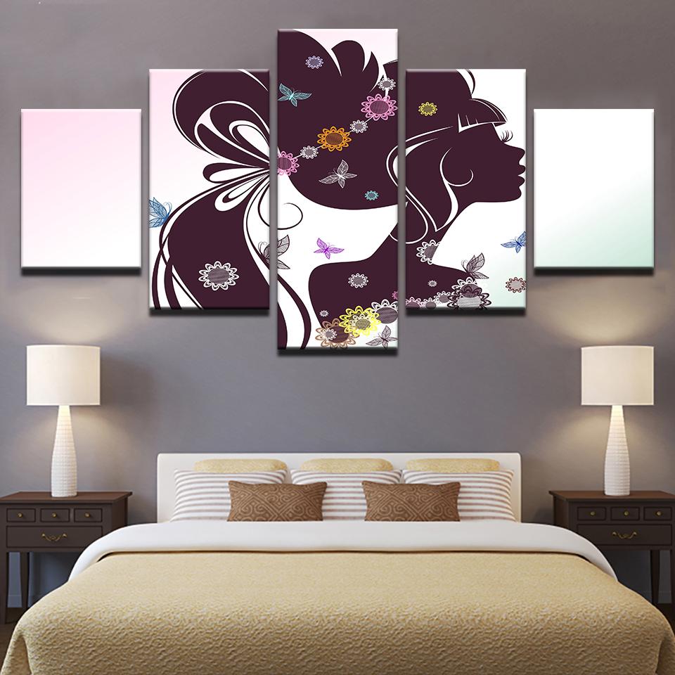 Beautiful Long Hair Flower Girl Silhouette - Abstract 5 Panel Canvas Art Wall Decor Beautiful Long Hair Flower Girl Silhouette - Abstract 5 Panel Canvas Art Wall Decor