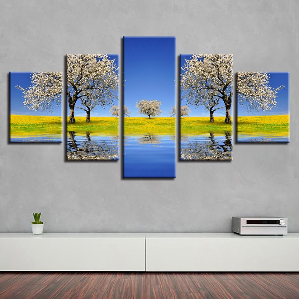 Beautiful Pear Flower Tree River - Nature 5 Panel Canvas Art Wall Decor Beautiful Pear Flower Tree River - Nature 5 Panel Canvas Art Wall Decor