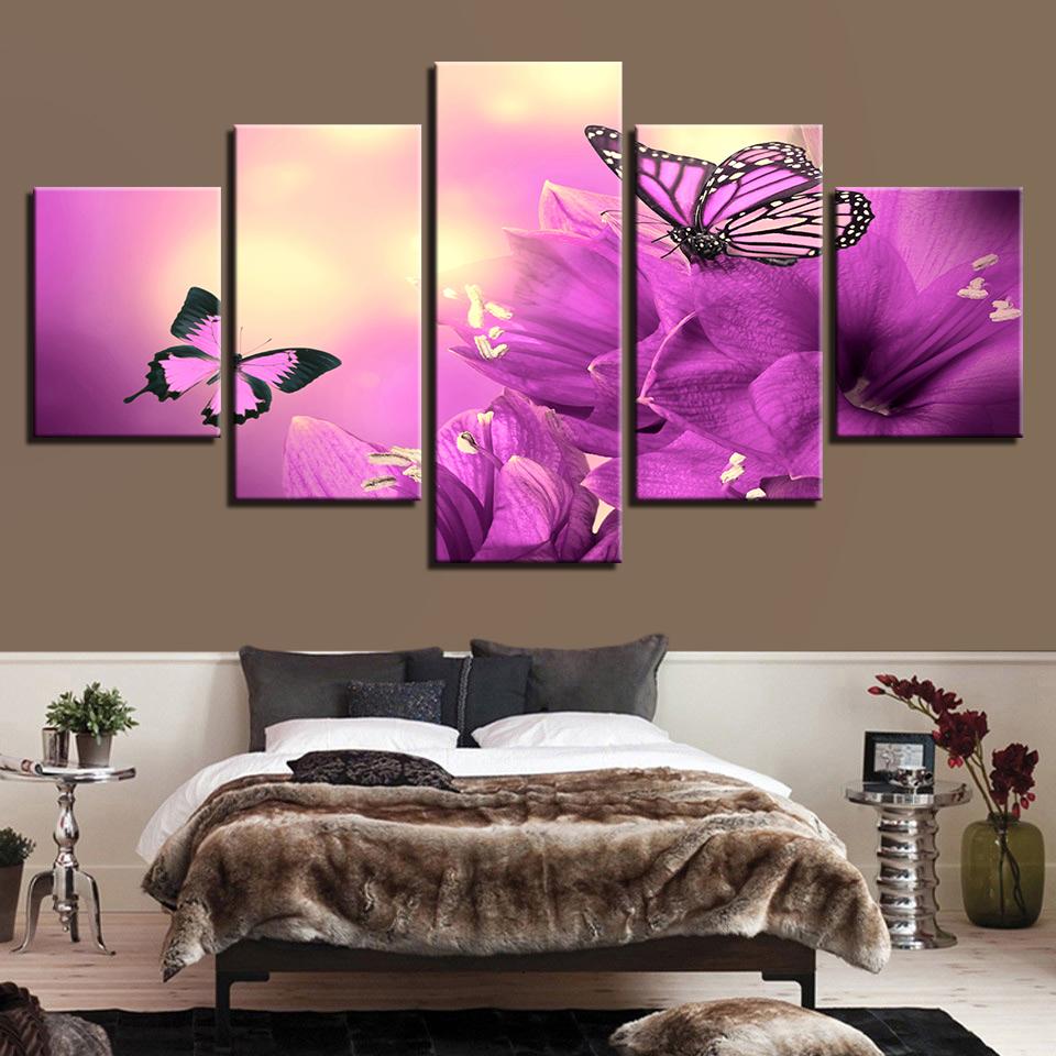 Beautiful Purple Flowers Butterflies - Nature 5 Panel Canvas Art Wall Decor Beautiful Purple Flowers Butterflies - Nature 5 Panel Canvas Art Wall Decor