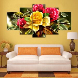 Beautiful Red And Yellow Flowers - Nature 5 Panel Canvas Art Wall Decor