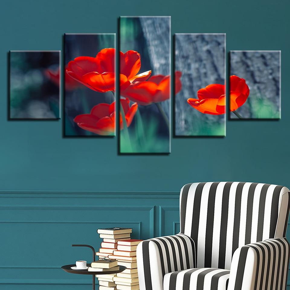 Beautiful Red Flowers - Nature 5 Panel Canvas Art Wall Decor Beautiful Red Flowers - Nature 5 Panel Canvas Art Wall Decor