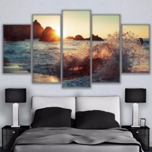 Beautiful Rocky Beach Sunset - Nature 5 Panel Canvas Art Wall Decor