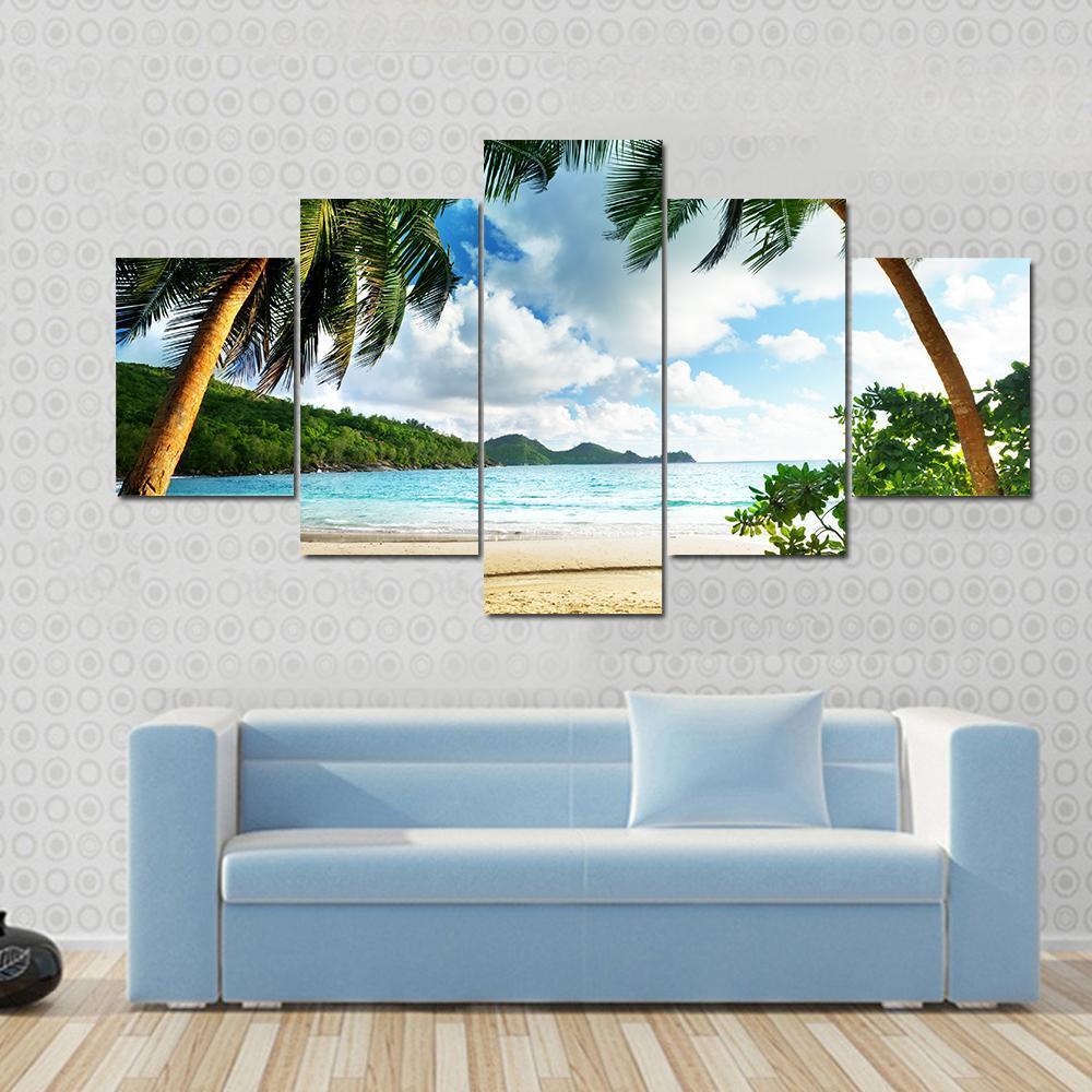 Beautiful Seychelles Beach And Wooden Pier - Nature 5 Panel Canvas Art Wall Decor Beautiful Seychelles Beach And Wooden Pier - Nature 5 Panel Canvas Art Wall Decor