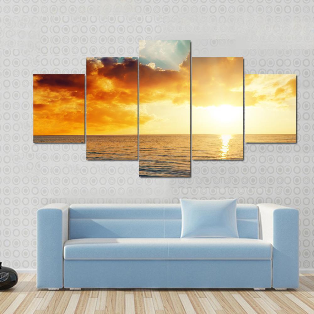 Beautiful Sunset Over The Sea - Nature 5 Panel Canvas Art Wall Decor Beautiful Sunset Over The Sea - Nature 5 Panel Canvas Art Wall Decor