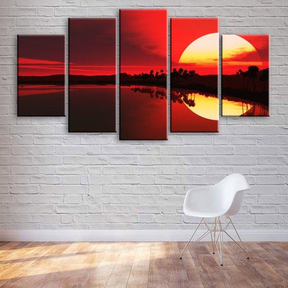 Beautiful Sunset Red Sky At Night - Nature 5 Panel Canvas Art Wall Decor Beautiful Sunset Red Sky At Night - Nature 5 Panel Canvas Art Wall Decor