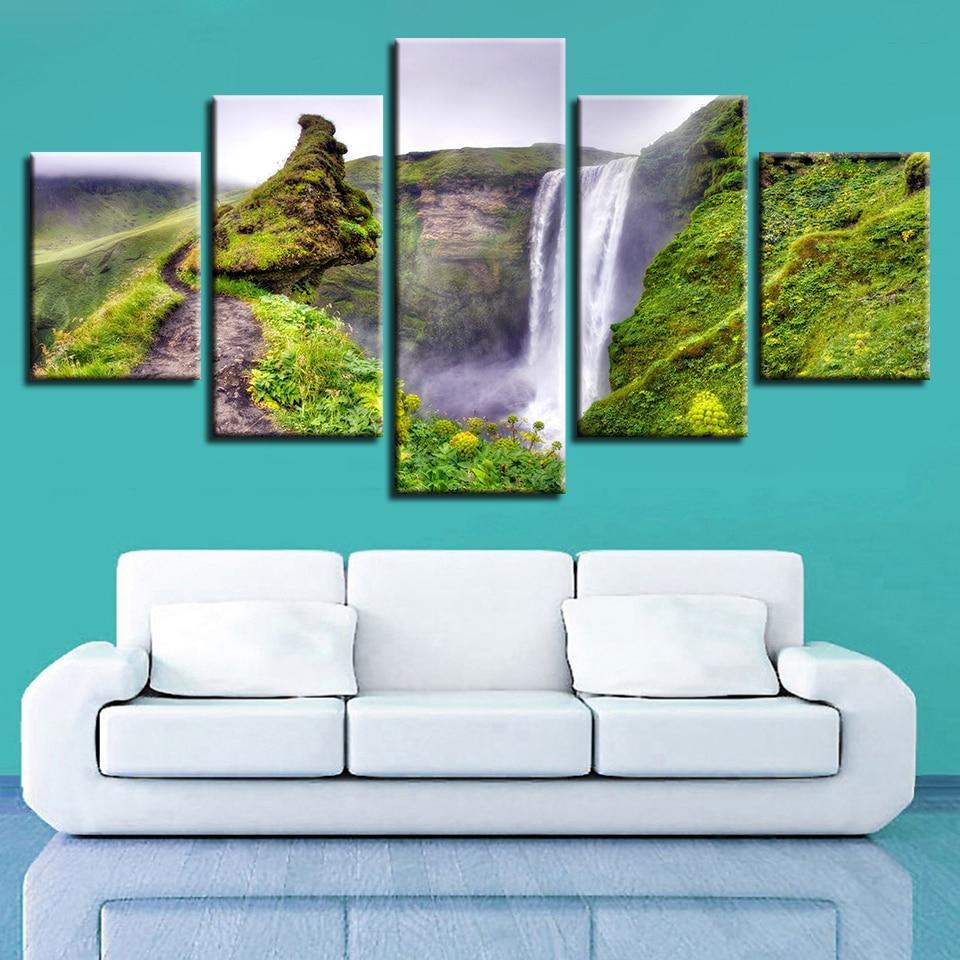 Beautiful Waterfall Green Mountain Path - Nature 5 Panel Canvas Art Wall Decor Beautiful Waterfall Green Mountain Path - Nature 5 Panel Canvas Art Wall Decor