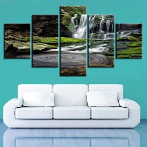 Beautiful Waterfall Green Tree 2 - Nature 5 Panel Canvas Art Wall Decor