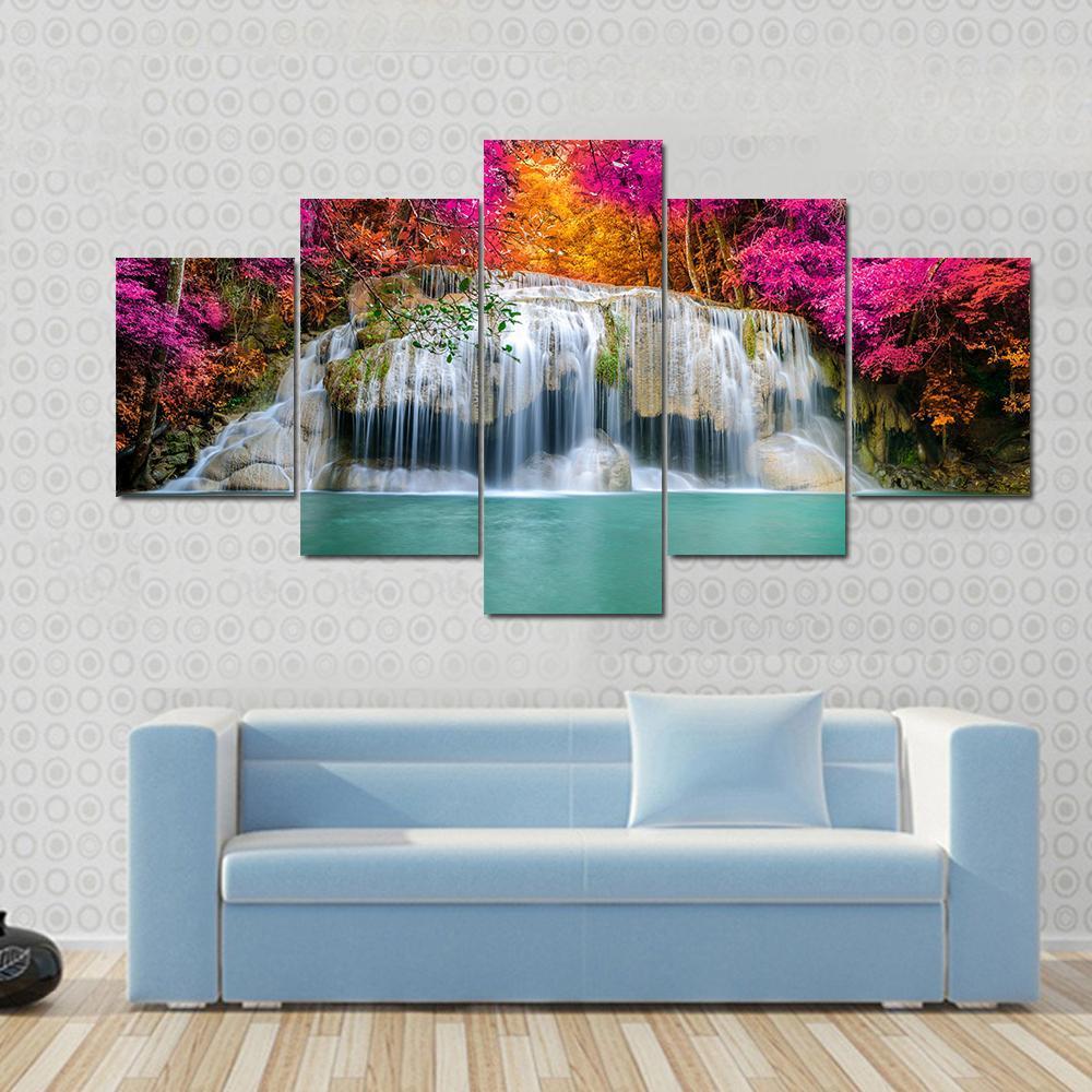 Beautiful Waterfall With Pink Trees - Nature 5 Panel Canvas Art Wall Decor Beautiful Waterfall With Pink Trees - Nature 5 Panel Canvas Art Wall Decor