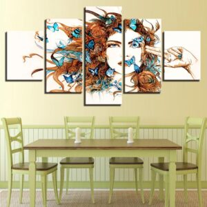 Beautiful Woman And Blue Butterfly - Abstract 5 Panel Canvas Art Wall Decor