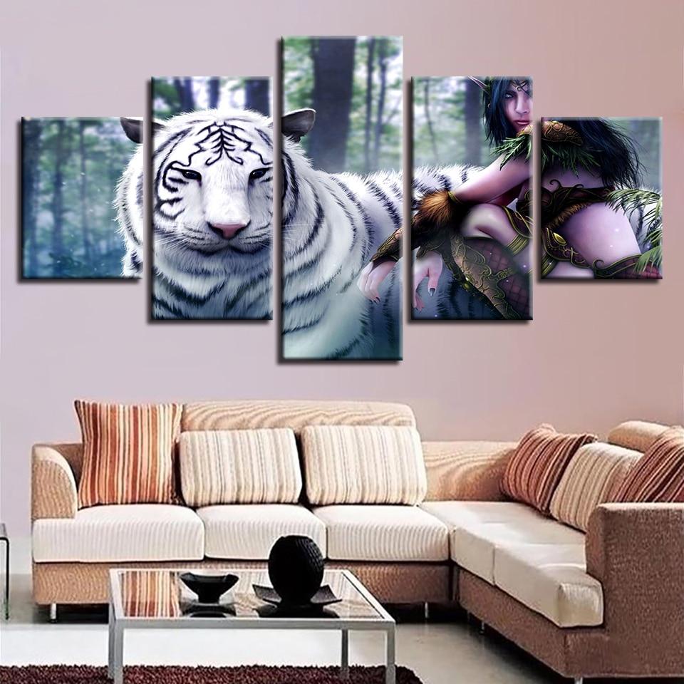 Beauty Girl And White Tiger - Animal 5 Panel Canvas Art Wall Decor Beauty Girl And White Tiger - Animal 5 Panel Canvas Art Wall Decor