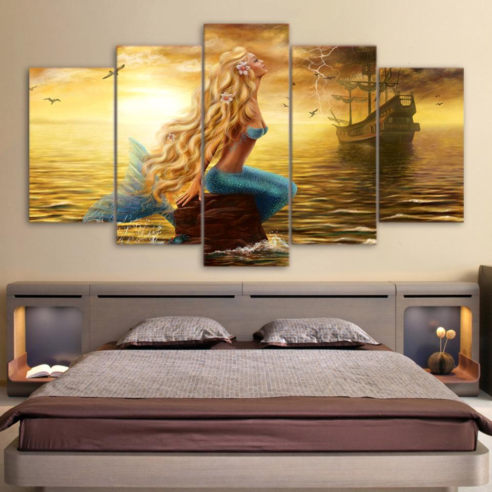Beauty Mermaid & Boat On Golden Sea - Ocean 5 Panel Canvas Art Wall Decor Beauty Mermaid & Boat On Golden Sea - Ocean 5 Panel Canvas Art Wall Decor
