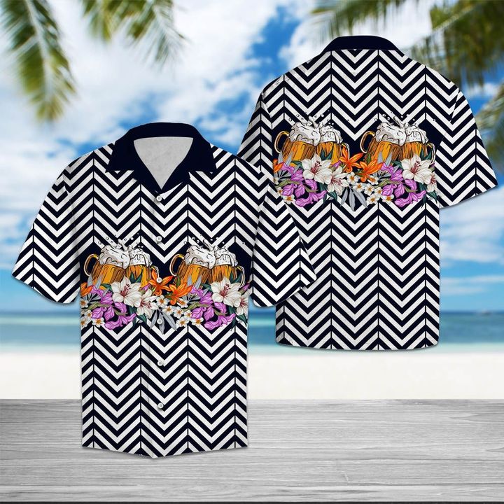 Beer Flower Zigzag Hawaiian Shirt Summer Button Up Beer Flower Zigzag Hawaiian Shirt Summer Button Up