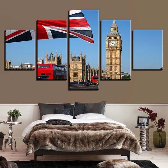 Big Ben Union Jack London England - Nature 5 Panel Canvas Art Wall Decor Big Ben Union Jack London England - Nature 5 Panel Canvas Art Wall Decor