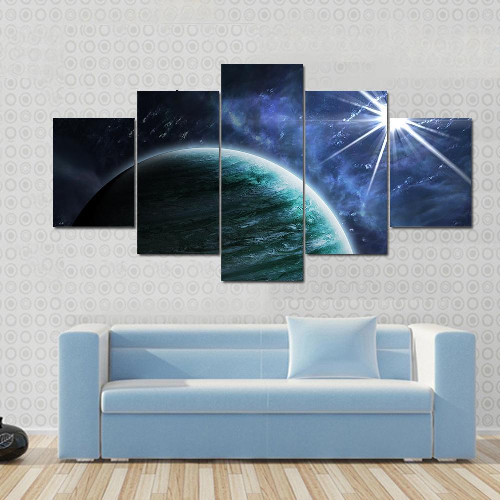 Big Gassy Planet And Shining Star - Space 5 Panel Canvas Art Wall Decor Big Gassy Planet And Shining Star - Space 5 Panel Canvas Art Wall Decor