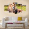 Big Lion Lying On Savannah Grass - Animal 5 Panel Canvas Art Wall Decor