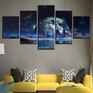 Big Moon Mountain Lake Abstract - Nature 5 Panel Canvas Art Wall Decor
