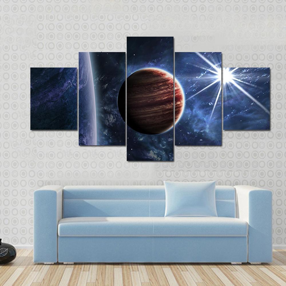 Big Planet Moon And Star - Space 5 Panel Canvas Art Wall Decor Big Planet Moon And Star - Space 5 Panel Canvas Art Wall Decor