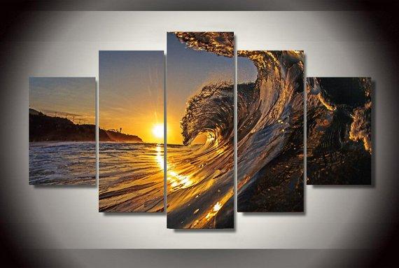 Big Wave Beach Large - Nature 5 Panel Canvas Art Wall Decor Big Wave Beach Large - Nature 5 Panel Canvas Art Wall Decor