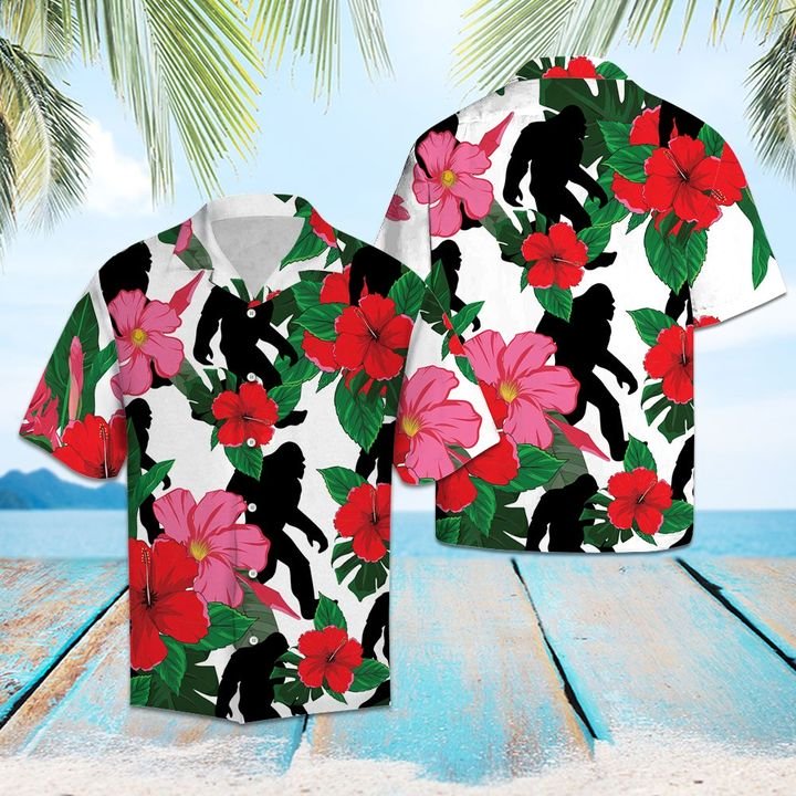 Bigfoot And Hibiscus Hawaiian Shirt Summer Button Up Bigfoot And Hibiscus Hawaiian Shirt Summer Button Up