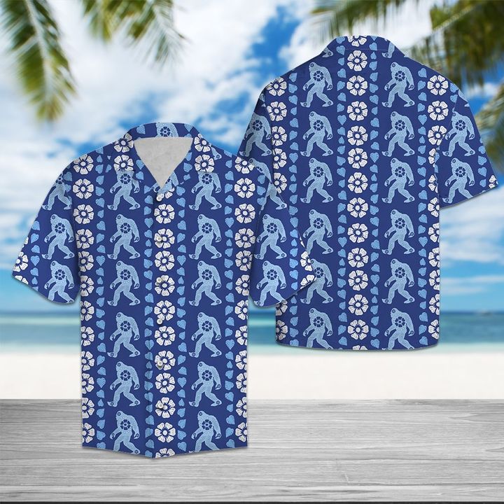 Bigfoot Blue Floral Hawaiian Shirt Summer Button Up Bigfoot Blue Floral Hawaiian Shirt Summer Button Up