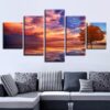 Bird Flocks Red Tree - Nature 5 Panel Canvas Art Wall Decor