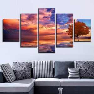 Bird Flocks Red Tree - Nature 5 Panel Canvas Art Wall Decor