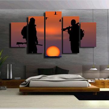 Bird Hunter Silhouette - Army 5 Panel Canvas Art Wall Decor Bird Hunter Silhouette - Army 5 Panel Canvas Art Wall Decor