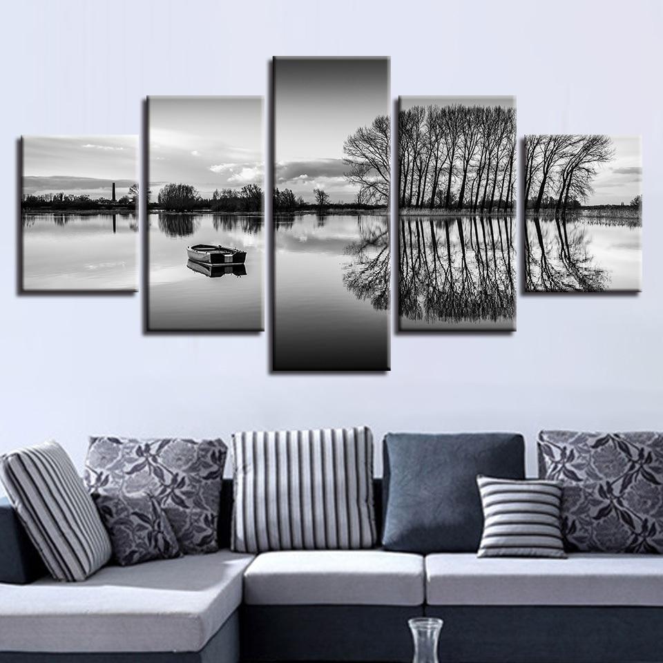 Black And White Pictures Ship Lake Tree - Nature 5 Panel Canvas Art Wall Decor Black And White Pictures Ship Lake Tree - Nature 5 Panel Canvas Art Wall Decor