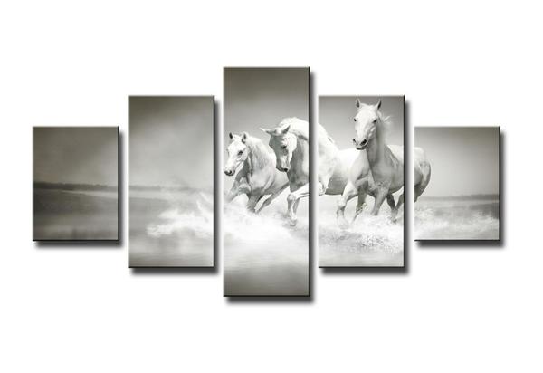 Black And White Print Of Horses - Animal 5 Panel Canvas Art Wall Decor Black And White Print Of Horses - Animal 5 Panel Canvas Art Wall Decor